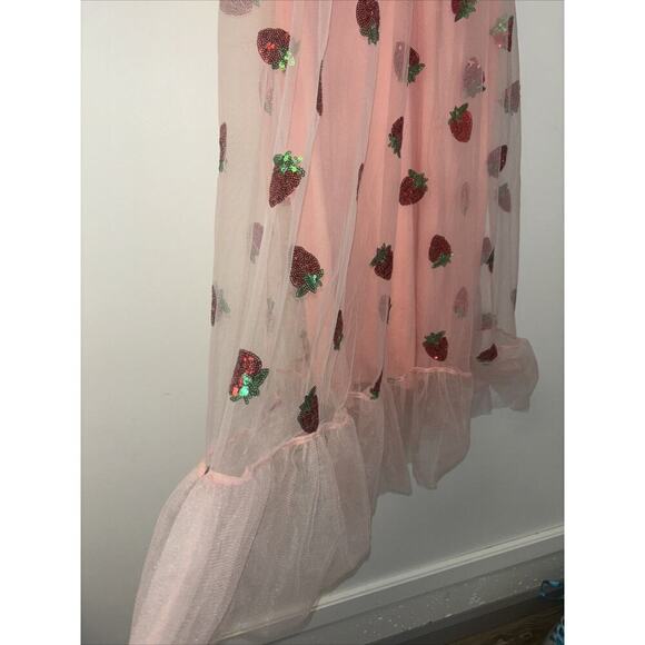 Strawberry Maxi Dress Sequin Fruit Spring Tulle Cottagecore Sz Med Pink Fairy Pr - Picture 7 of 8